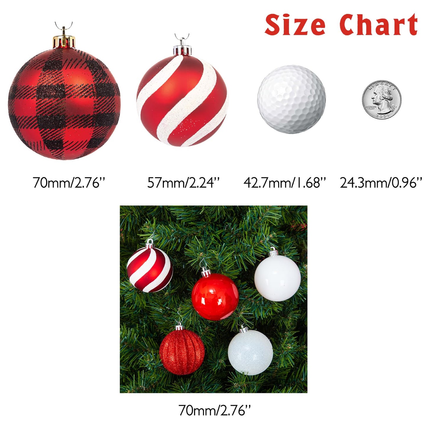 Every Day is Christmas Ornaments, Shatterproof Christmas Tree Ornament Set, Christmas Balls Decoration 35 Count (2.75"/70mm, Red White)