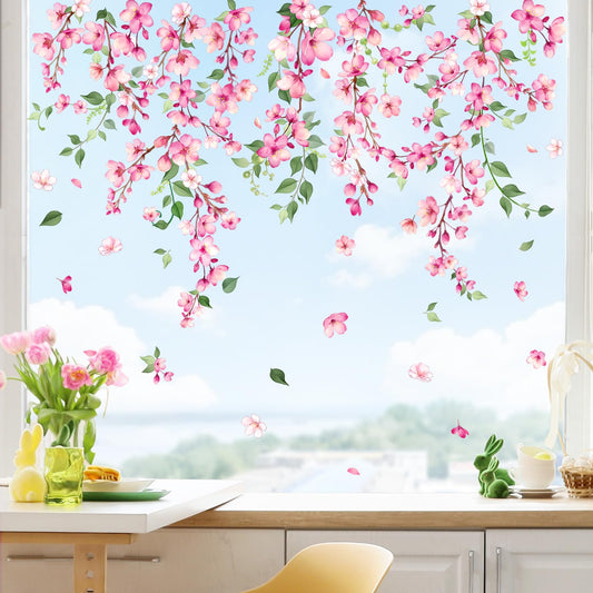 Supzone Spring Cherry Blossom Flowers Window Clings Valentine's Day Pink Hanging Flower Window Decals Anti-Collision Static Stickers for Women Girls Room Decor