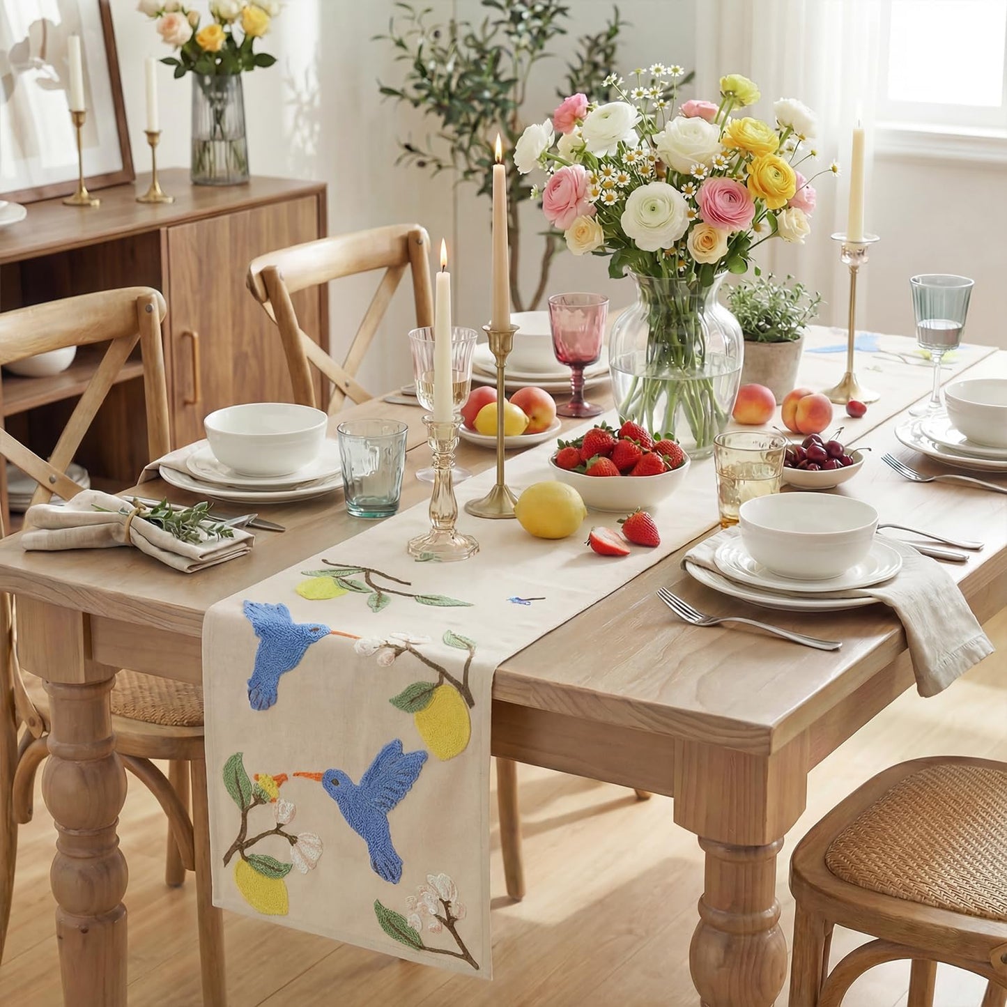 Artoid Mode Beige Soft Chain Embroidery Flower Bird Lemon Spring Table Runner, Seasonal Summer Kitchen Dining Table Decoration for Home Party Decor 13x72 Inch