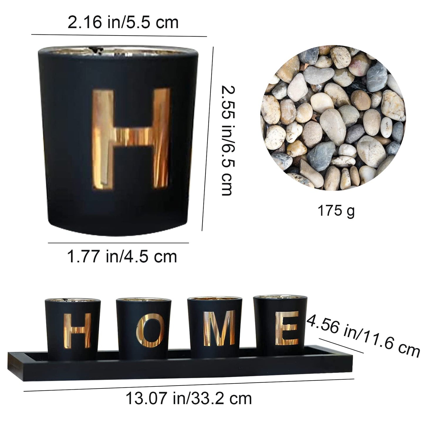 MrMrKura Home Decorative Candle Holder Set, 4 Glass Tea Light Candleholders with Wooden Candle Holders Tray, Natural Pebbles for Home Decor Table Decorations Centerpiece