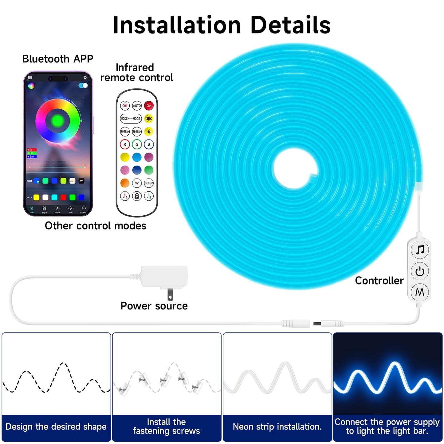 KANTUTOE LED Neon Rope Lights, 13.1ft RGB LED Light Strip, 24V Music Sync App/Remote Control DIY Rope Light, IP67 Waterproof Gaming Neon Strip Lights for Bedroom Indoor Oudoor Décor