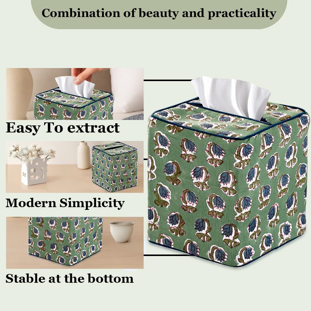 Ridhi Basil Green Block Print Tissue Box Cover Handmade Cotton Fabric Decorative Square Napkin Holder for Home Bedroom Living Room Bathroom Vanity Countertop Car Night Stands Office Kitchen
