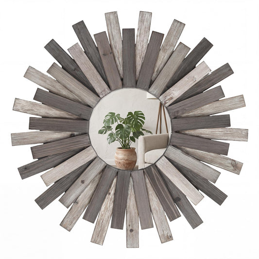 Vercraft 24" Rustic Wood Sunburst Wall Mirror, Farmhouse Wooden Wall Decor Mirror for Entryway, Living Room, Boho Farmhouse Home Decor(Multi Color)