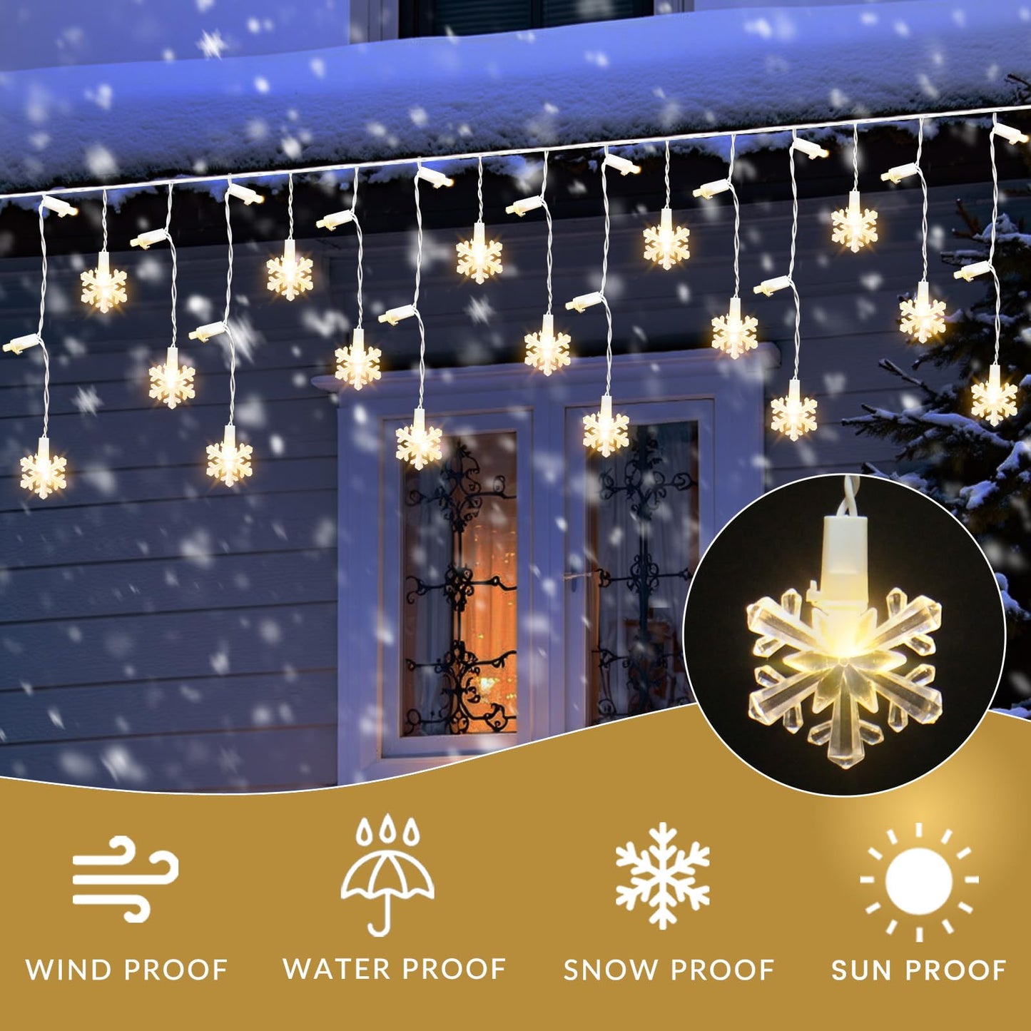 FESTIA Snowflake Curtain Icicle Christmas Lights -180 LED Warm White (≈3000K), 26.4ft Icicle Mini Lights, IP44 Waterproof,8 Modes Memory Function, Connectable Outdoor & Indoor Christmas Decorations