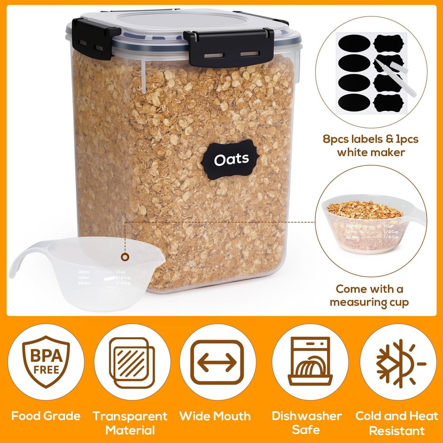 Large Thicker Food Storage Containers with Lids Airtight 5.3L/179Oz, 4pcs Plastic Pantry Storage Container for Dry Food/ Flour/ Sugar/ Pasta/ Cereal/ Baking Supplies, Canister for Kitchen Organization