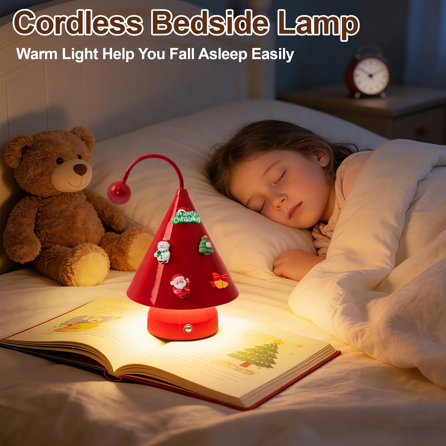 Qeipy Led Lights Cozy Home Decor Cute Christmas Tree Desk Lamp Ambient Lighting,Touch Control, Cordless Rechargeable Battery Operated,for Living Room,Bedroom,Nightstand (Red)