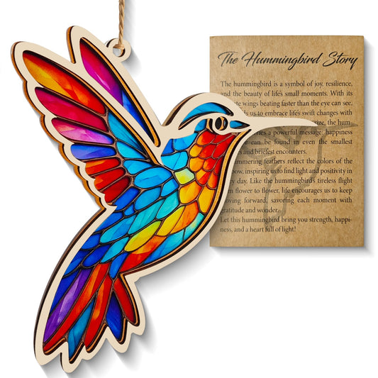 Hummingbird Christmas Ornament, Hummingbird Gifts,Stained Glass Window Hanging Gift for Women, Wood & Acrylic Memorial Keepsake for Christmas Tree, Home Decor (Burlywood)