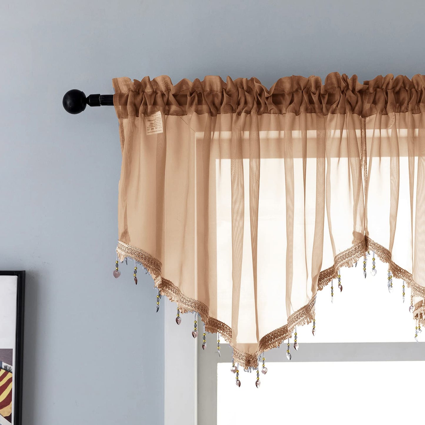 Beaded Sheer Valance Curtains for Living Room,Rod Pocket Farmhouse Window Valance, Bead Trim Tassel Voile Sheer Curtain Valance for Bedroom Bathroom Cafe 51x24 Inches (Brown) 1PC