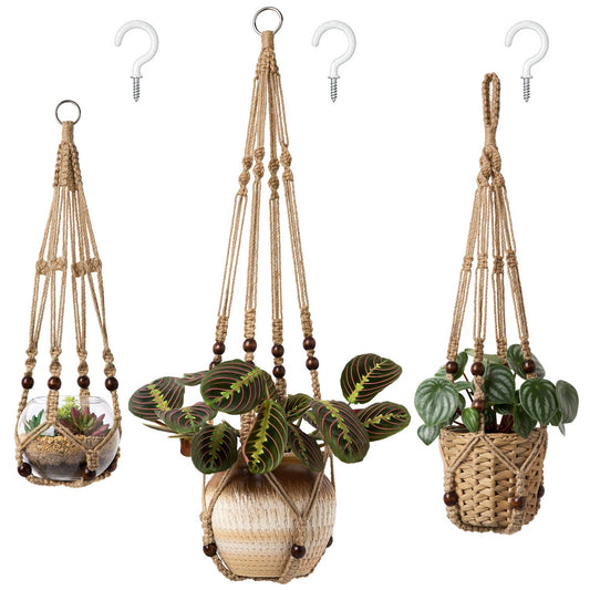 Mkono 3 Pack Macrame Plant Hangers Indoor Different Size Hanging Planter Basket Flower Pot Holder with Beads No Tassels 35"/29"/23", Medium, Brown
