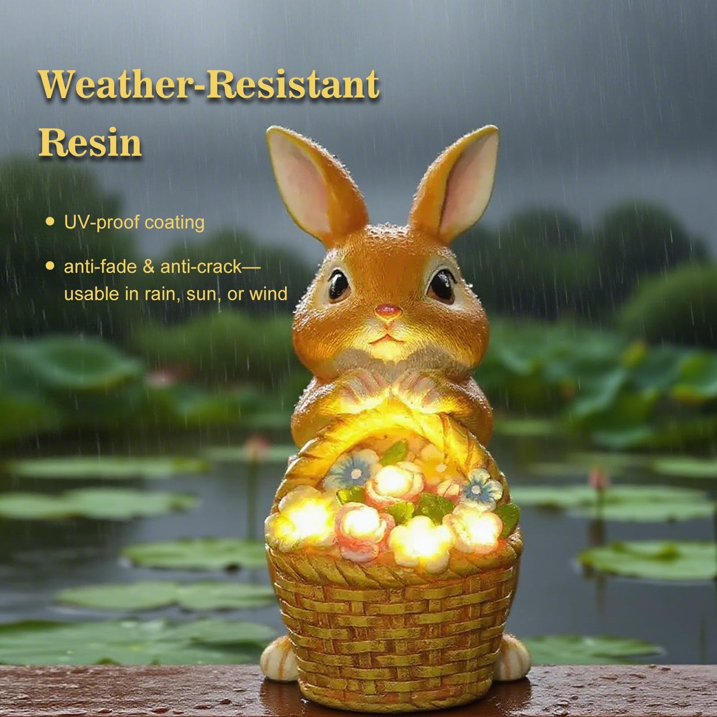 Fyrelly Solar-Powered Light-Up Rabbit Garden Statue, 6x5x8.5 Inches Waterproof Outdoor Decor for Yard Lawn Patio Porch Balcony, Ideal Easter Christmas for Mom Grandma Women