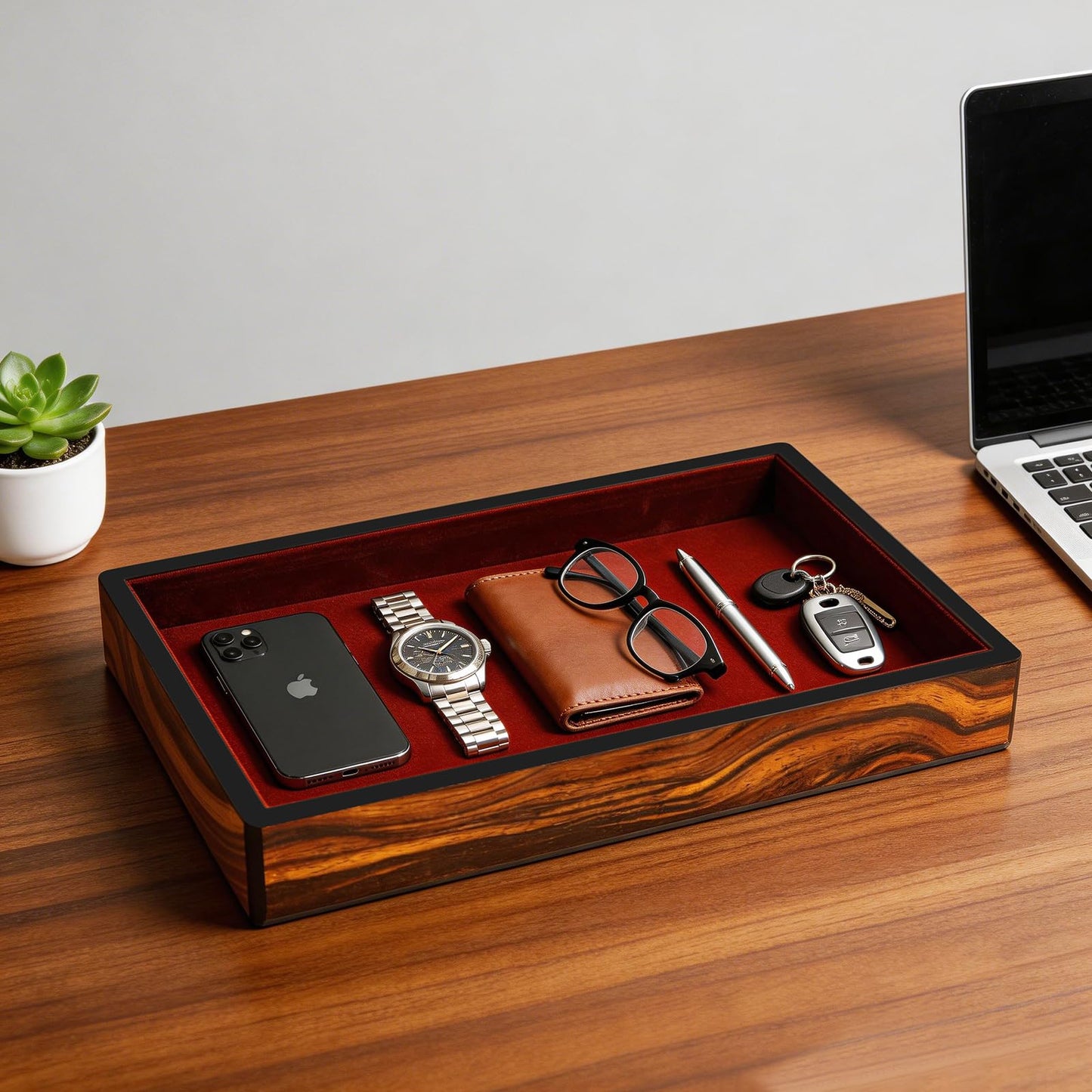 Socospace Wooden Valet Tray with Velvet Lining, EDC Desktop Catchall Organizer, Storage Tray for Jewelry, Wallets, Watches, Keys, Glasses, Perfect for Nightstand, Dresser, Entryway Bedside