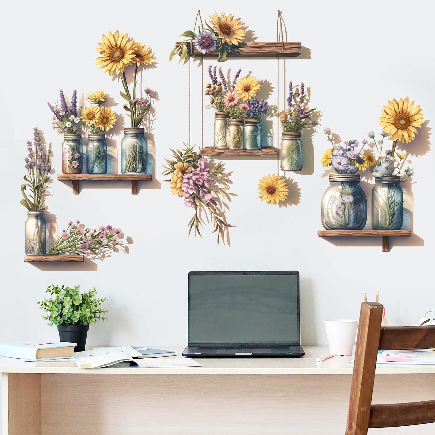 Sunflower Wall Decals 3D Flower Wall Stickers Potted Plant Floral Wall Decal Peel and Stick Flower Window Clings Vinyl Removable for Bedroom Nursery Decoration