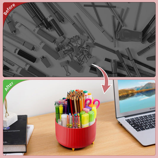 Marbrasse Desk Organizer, 360-Degree Rotating Pen Holder for Desk, Desk Organizers and Accessories with 5 Compartments Pencil Organizer, Art Supply Storage Box Caddy for Office, Home (Red)