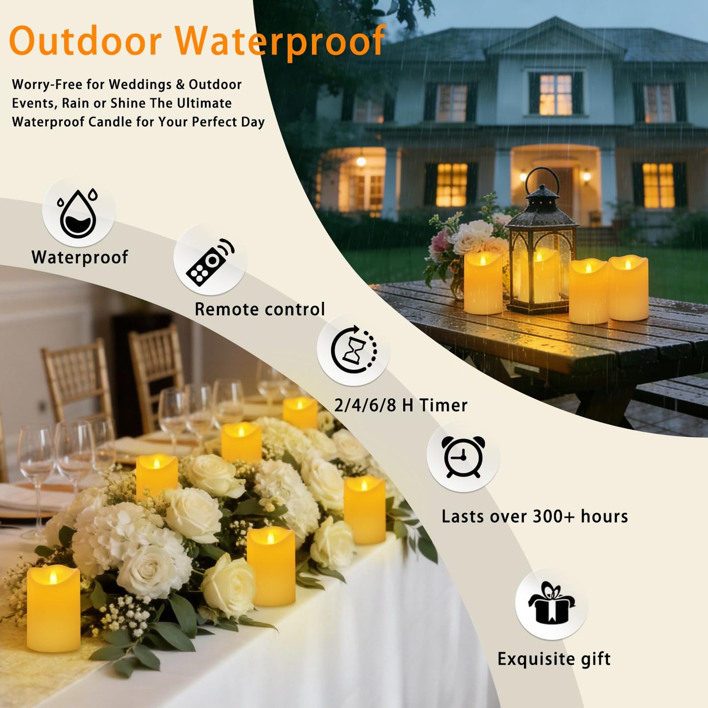 Haown Outdoor Indoor Flameless Candles, Patented 3D Dual-LED, Set of 6 Slanted Top Durable Plastic Pillars with 2 Remotes & Timer, Non-Melting Waterproof Battery Candles for Patio Garden (Ivory)