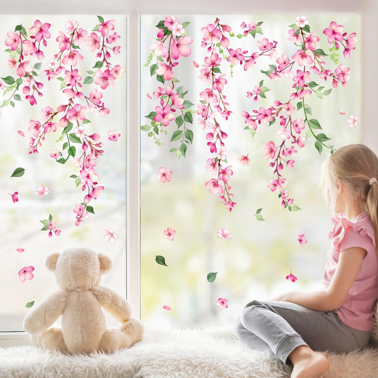 Supzone Spring Cherry Blossom Flowers Window Clings Valentine's Day Pink Hanging Flower Window Decals Anti-Collision Static Stickers for Women Girls Room Decor