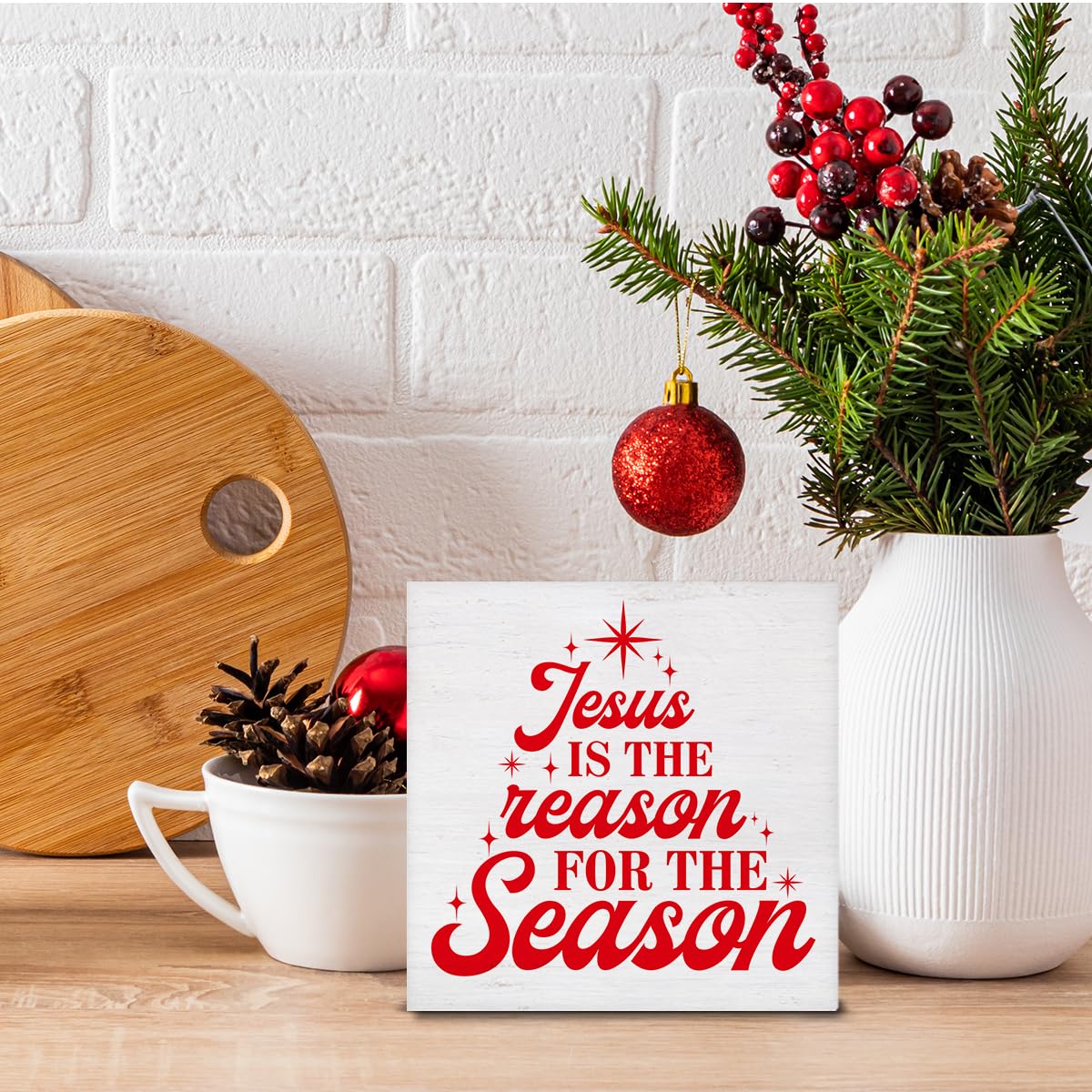 Mukjyuyi Rustic Christmas Wooden Box Sign, 5 x 5 Inches, Jesus Is the Reason for the Season, Christmas Decorative Sign for Home, Office, Bedroom