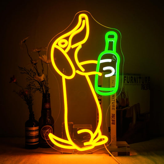 NOSUN Dachshund Beer Neon Sign Dog Drink Beer Neon Signs for Wall Decor Bar Neon Light Cute Animal Light up Signs for Bedroom Men Cave Birthday Party Decor Gift for Dog Lover Yellow Light Sign