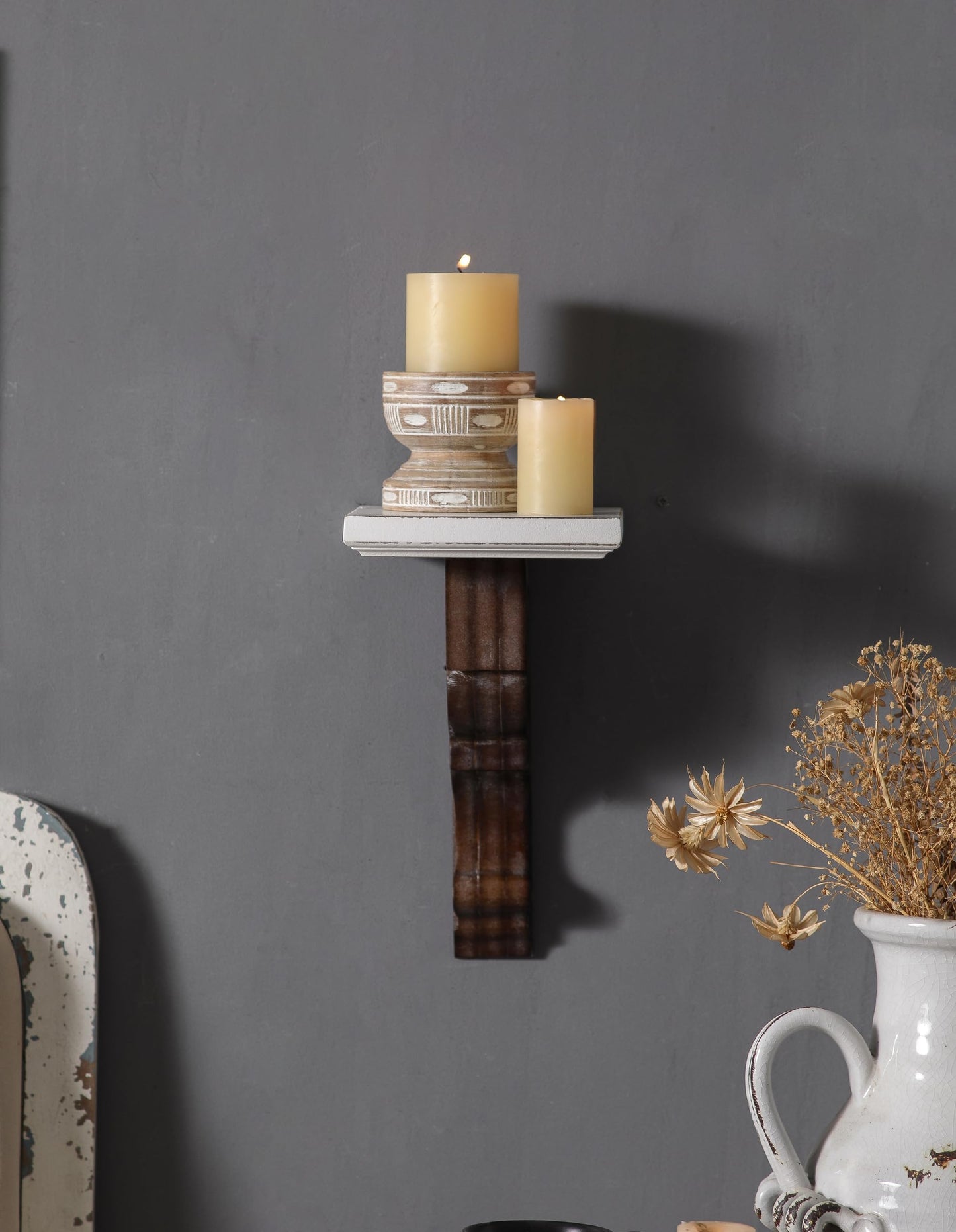 SOFE Small Wood Floating Shelf 12 Inches Tall, Farmhouse Wood Shelf for Wall, Decorative Rustic Candle Holder Shelf, White & Brown, Living Room, Bedroom, Dining Room Decor