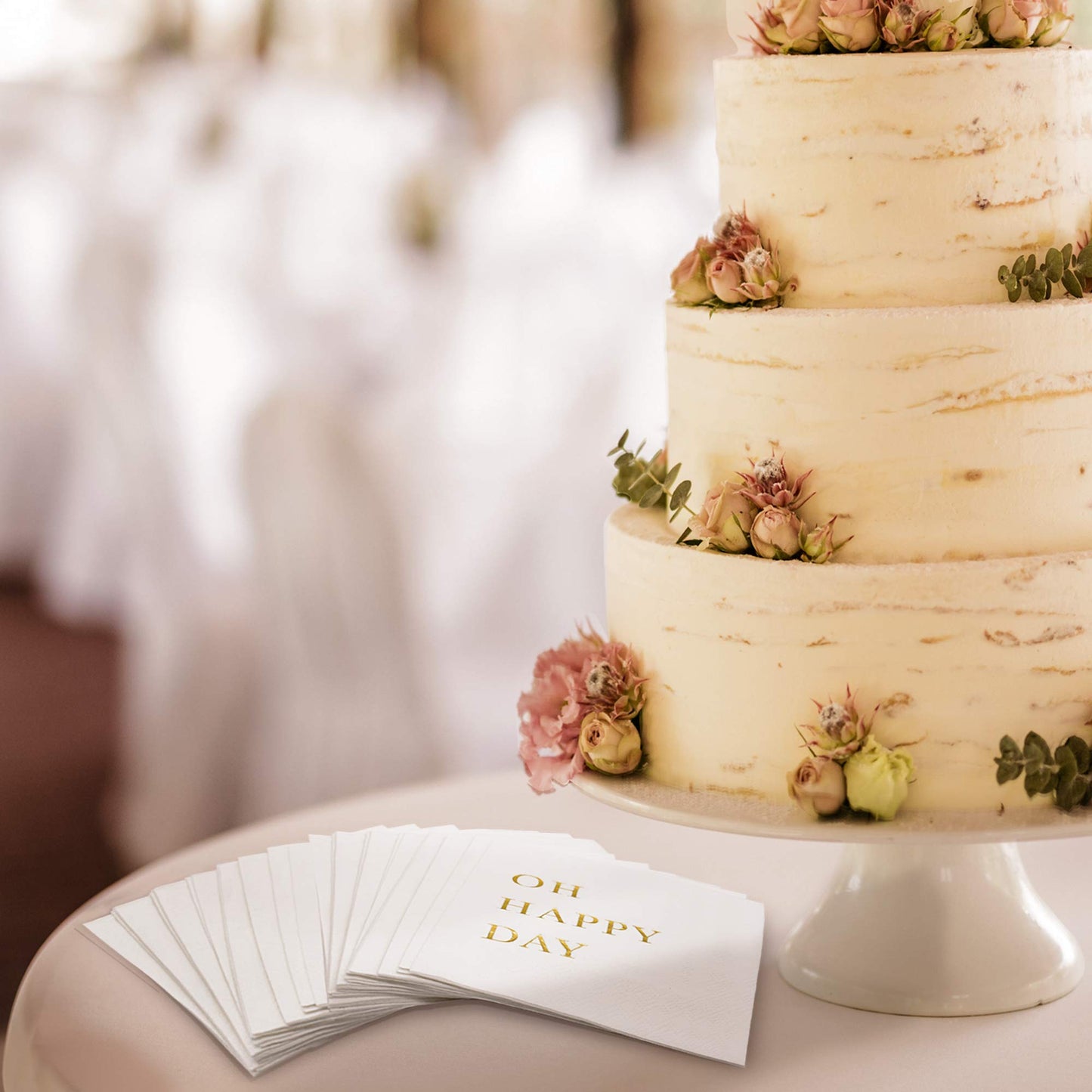 Oh Happy Day Cocktail Napkins - Gold Foil 3-Ply Disposable Napkins for Weddings, Engagements, Bridal Showers, Baby Showers, Birthdays, Anniversaries & Happy Celebrations