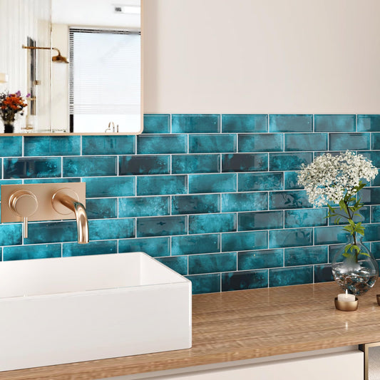 Wallercity Marble Blue Peel and Stick Backsplash Glossy Wall Tile Stickers Vinyl Self Adhesive Stick on Subway Tile Back Splash for Kitchen Bathroom 12''x12'' Waterproof 3D Art Wall Tiles Decor 10PCS