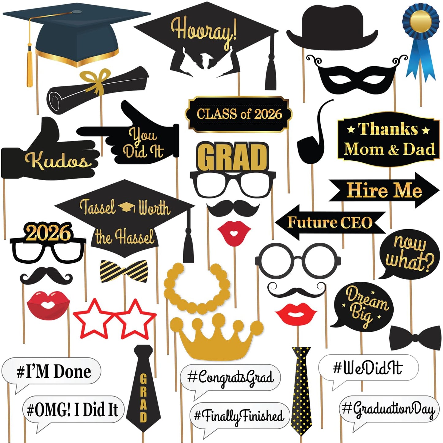 KatchOn, Graduation Photo Booth Props - Pack of 40 | Black and Gold Grad Photo Props, Graduation Decorations 2026 | Congrats Grad Props for Photoshoot 2026, Class of 2026 Decor | Grad Party Supplies