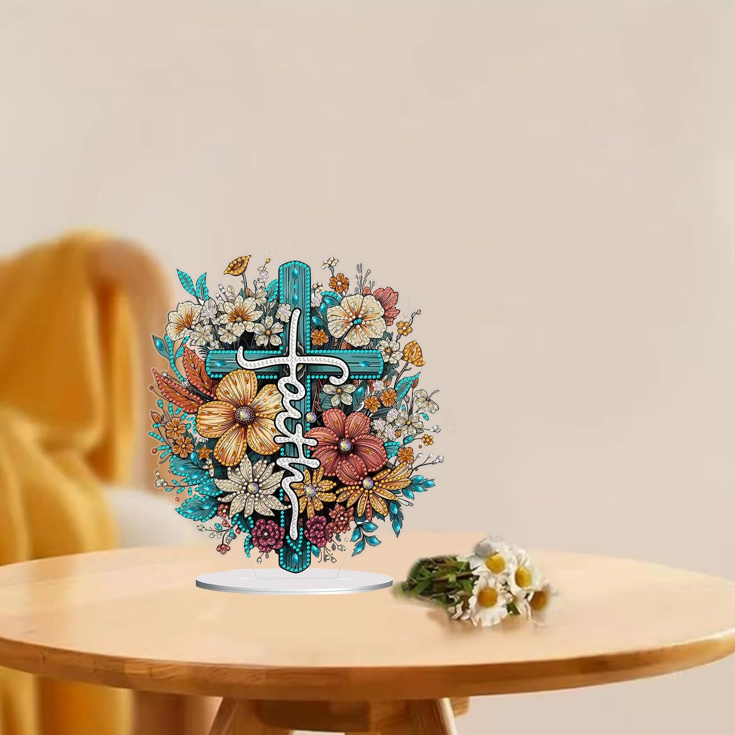hyzsj DIY Diamond Desktop Ornament, Crystal Cross Flower Diamond Art Painting Tabletop Ornaments Single Sided, Diamond Ornament for Adult Beginner Home Office Decor Crafts Gift