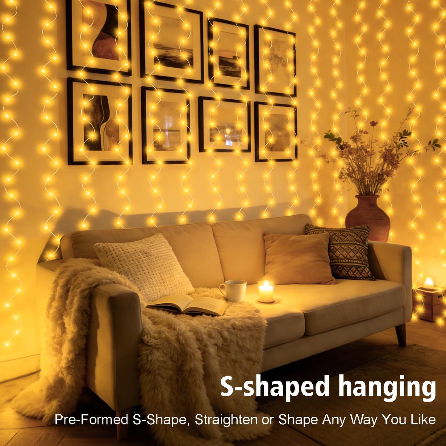 echosari Curtain Lights Battery Operated, 300 LED Fairy Lights 9.8 x 9.8Ft with Timer for Bedroom Wedding Backdrop Indoor Decor (Warm White)