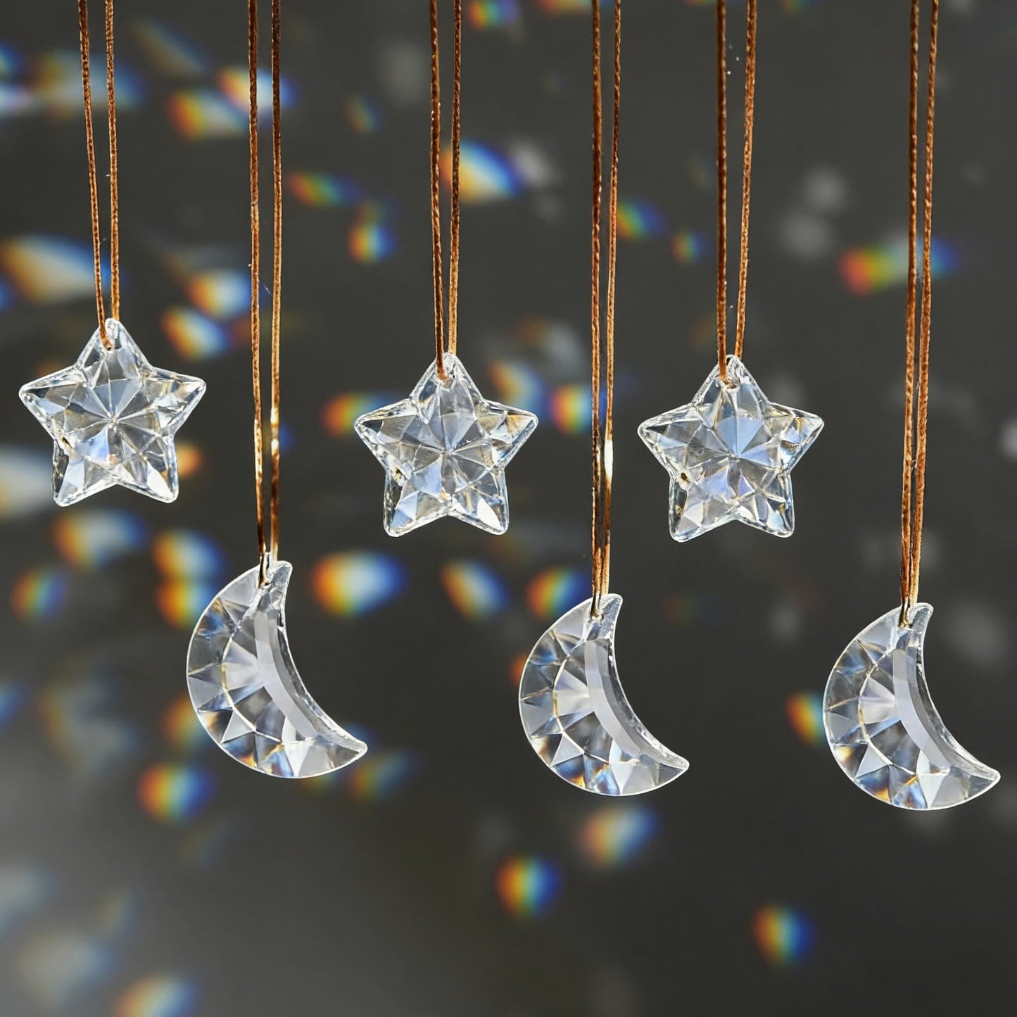 LOULIQIGIFT 6pcs Clear Crystal Star and Half Moon Prisms Ornaments Faceted Glass Hanging Ornaments for Home Garden Window Wedding Party Decor