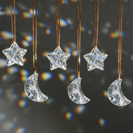 LOULIQIGIFT 6pcs Clear Crystal Star and Half Moon Prisms Ornaments Faceted Glass Hanging Ornaments for Home Garden Window Wedding Party Decor