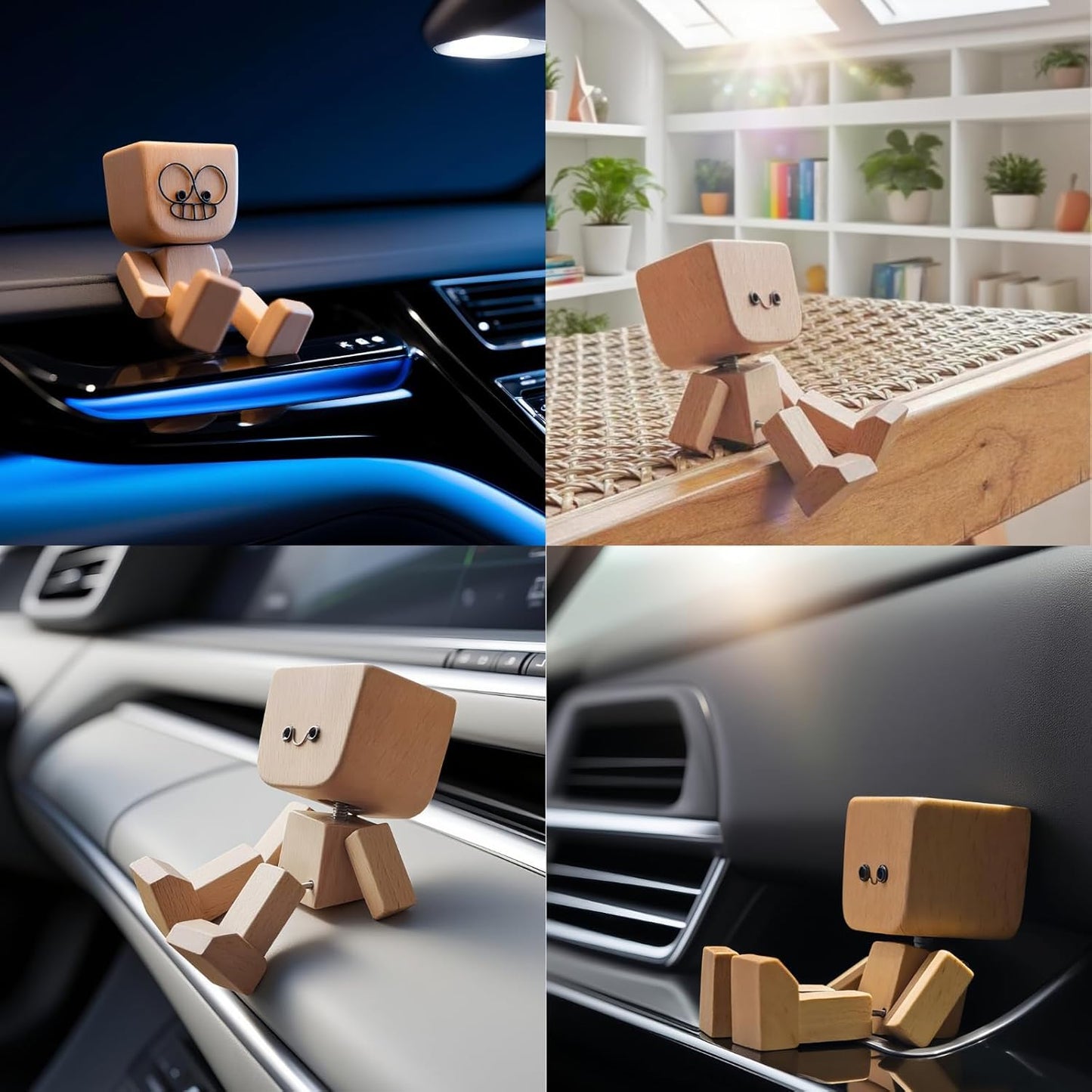 Froklic Shaking Wooden Man,Shaking Wooden Man Figurine with 12 Magnetic Expressions,Funny Dashboard Figurine,Handmade Wobble Doll for Car Accessories and Desk Decoration