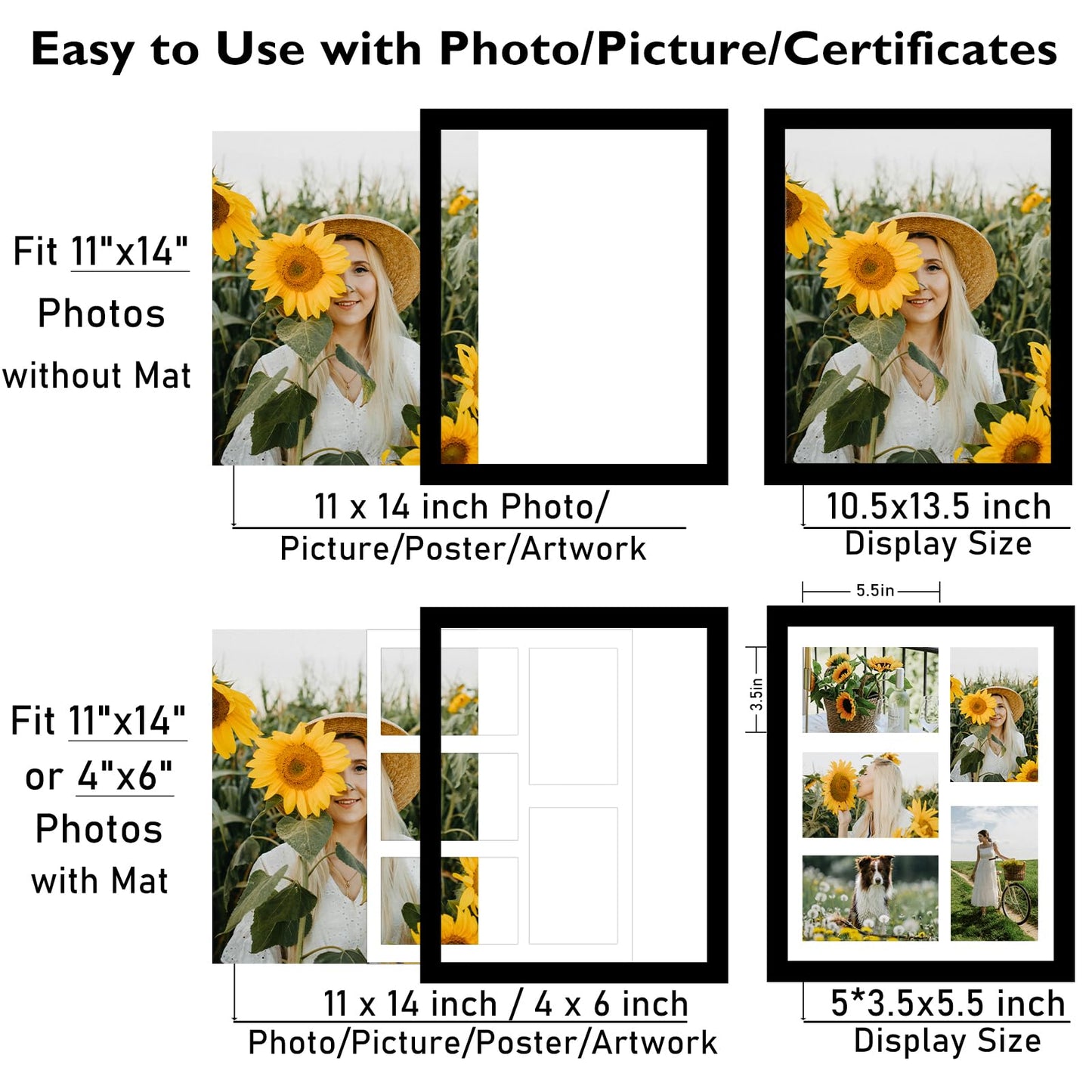 JCJMY 11x14 Picture Frame, 4x6 Collage Picture Frame, Display 5 Pcs 4x6 Photos or 11x14 Picture, Five Opening 4x6 Collage Frame for Wall Hanging, Lightweight 4 x 6 Multi Pictures Frame, Black