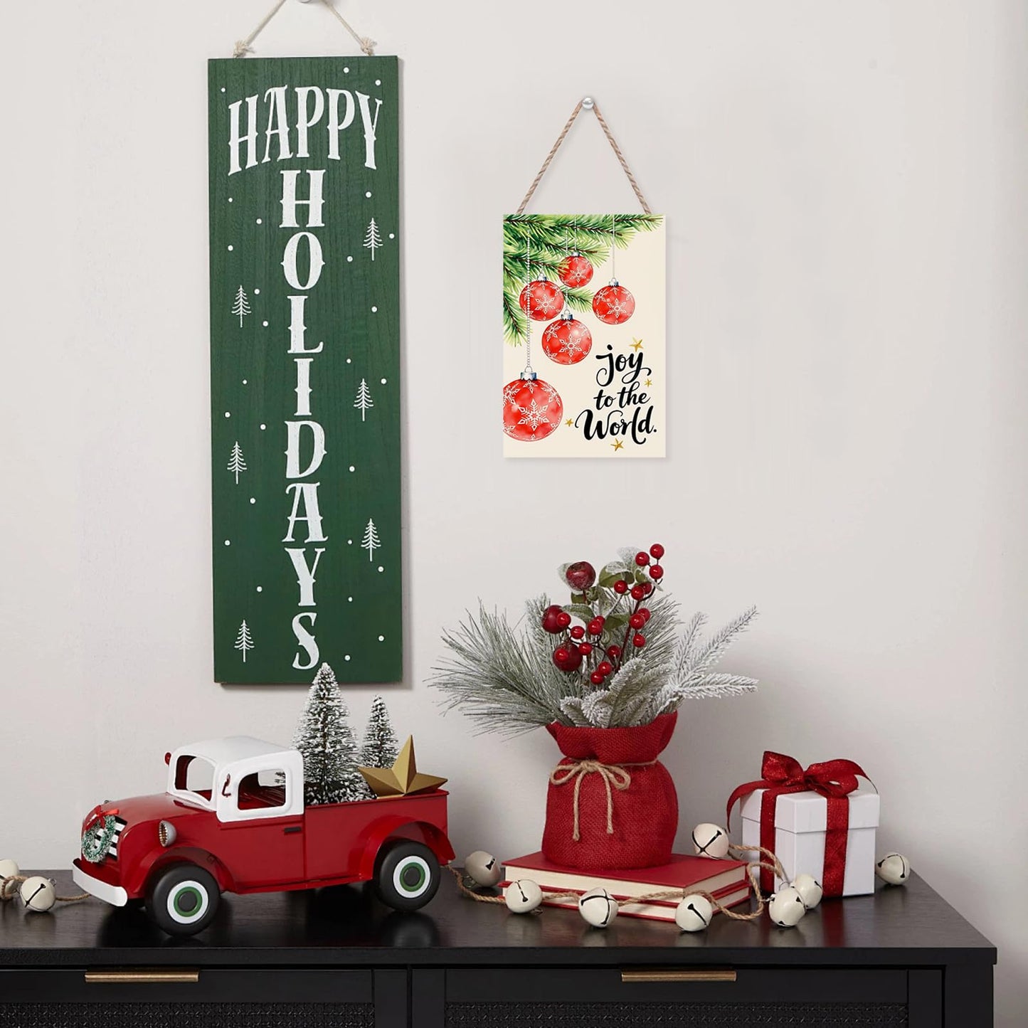 Christmas Wall Decor 12x8in Wood Sign - Jingle Bells Design with "Joy to the World" Quote for Church Home Community Room Decor