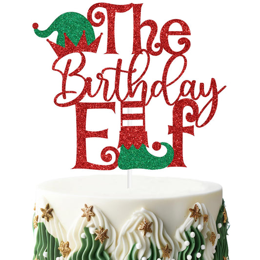 Red Glitter The Birthday Elf Cake Topper, I'm Back Elf Christmas Xmas Decor, Christmas New Year's Eve Birthday Party Decorations Supplies