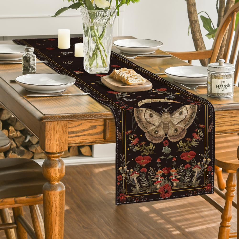 Artoid Mode Poppy Moth Mushroom Moon Fall Table Runner, Seasonal Autumn Kitchen Dining Table Decoration for Home Party Decor 13x72 Inch