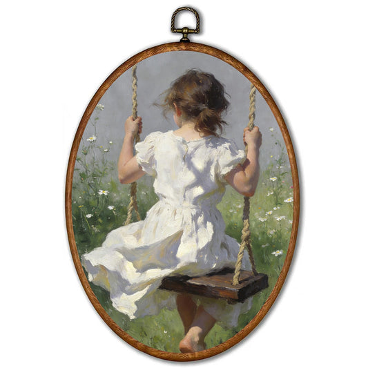 FengFaer Vintage Rustic Kitchen Oval Wall Art Decor,Country Little Girl Swing Floral Oval Canvas Prints, Retro Farmhouse Wall Decor for Home Bedroom Living Room, 8.6x11.4 inch
