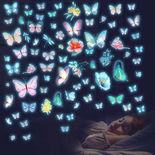 Glow in The Dark Butterfly Flower Wall Decals Glowing Luminous Butterflies Removable Self-Adhesive Wall Stickers for Girls Bedroom Nursery Living Room Decor 4 Sheets (Butterfly 1)