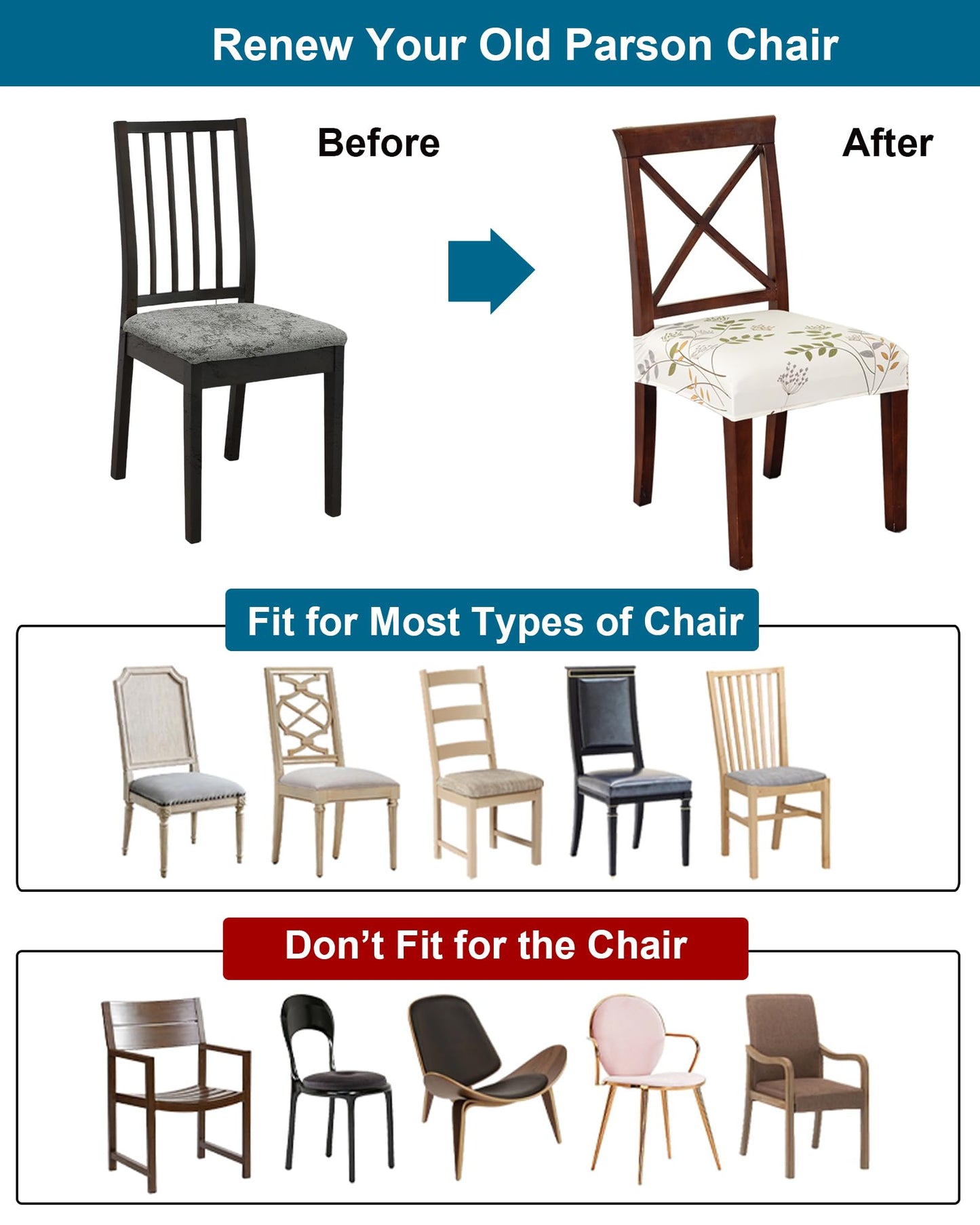 CRFATOP Waterproof Dining Chair Seat Covers Set of 4, Stretch Dining Room Cushion Slip Cover Non-Slip Seat Slipcover for Dining Chairs Washable Removable Parson Kitchen Chair Protectors,L,01