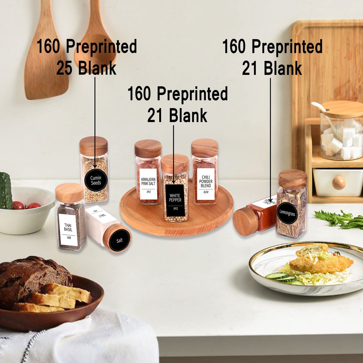 Churboro 24 Spice Jars with 547 Labels - Glass Spice Jars with Shaker Lids - 4 Oz Square Spice Containers with Acacia Wood Lids, Chalk Pen, Funnel- Seasoning Jars for Spice Rack, Cabinet, or Drawer