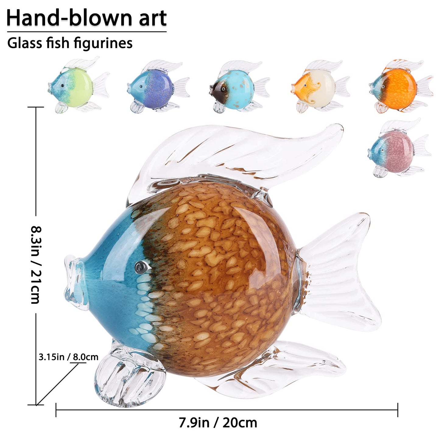 LCCCK Large Glass Fish Figurines Hand Blown Glass Fish Statue and Sculpture Home Decor, Murano Animal Tropical Sea Glass Paperweights for Desk, Glass Aquarium Coastal Beach Decorative (Brown)