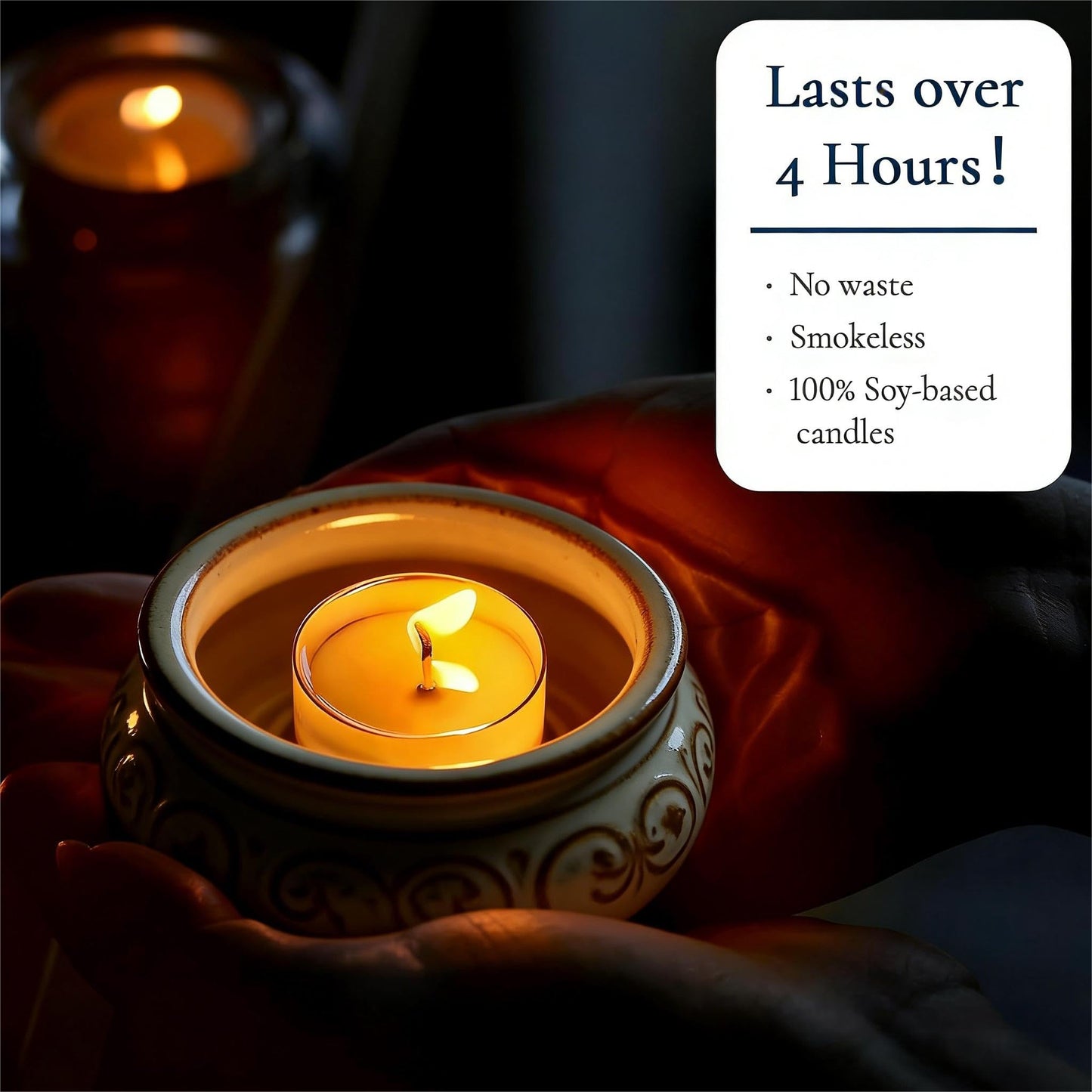 Soy Wax Tealight Candles 25Packs, 4 Hour Long Burning, Unscented White Smokeless Candles, Non-Toxic Paraffin-Free Clear Acrylic Cup Tea Lights for Weddings, Home, Emergencies & Dinner