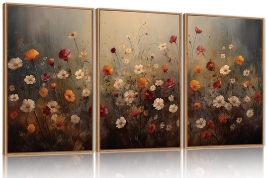 KAIRNE Moody Colorful Wildflower Framed Canvas Wall Art Set,Vintage Daisy Floral Wall Decor,Watercolor Flowers Art Prints,Rustic Botanical Artwork for Living Room,Bedroom,Farmhouse,Office-16 x24 x3