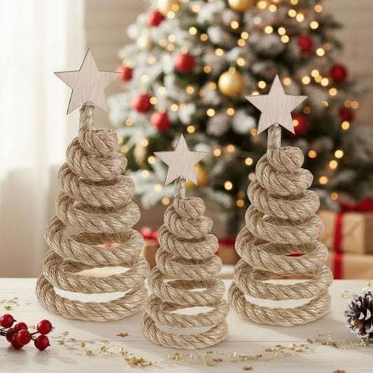 Thyle 3 Pcs Christmas Tree Decor 3 Sizes 6/8/10 Inch Neutral Boho Artificial Christmas Tree Tabletop Decor for Home Shelf Mantel Fireplace Table Party Supplies(Vintage Style,Hemp Rope)