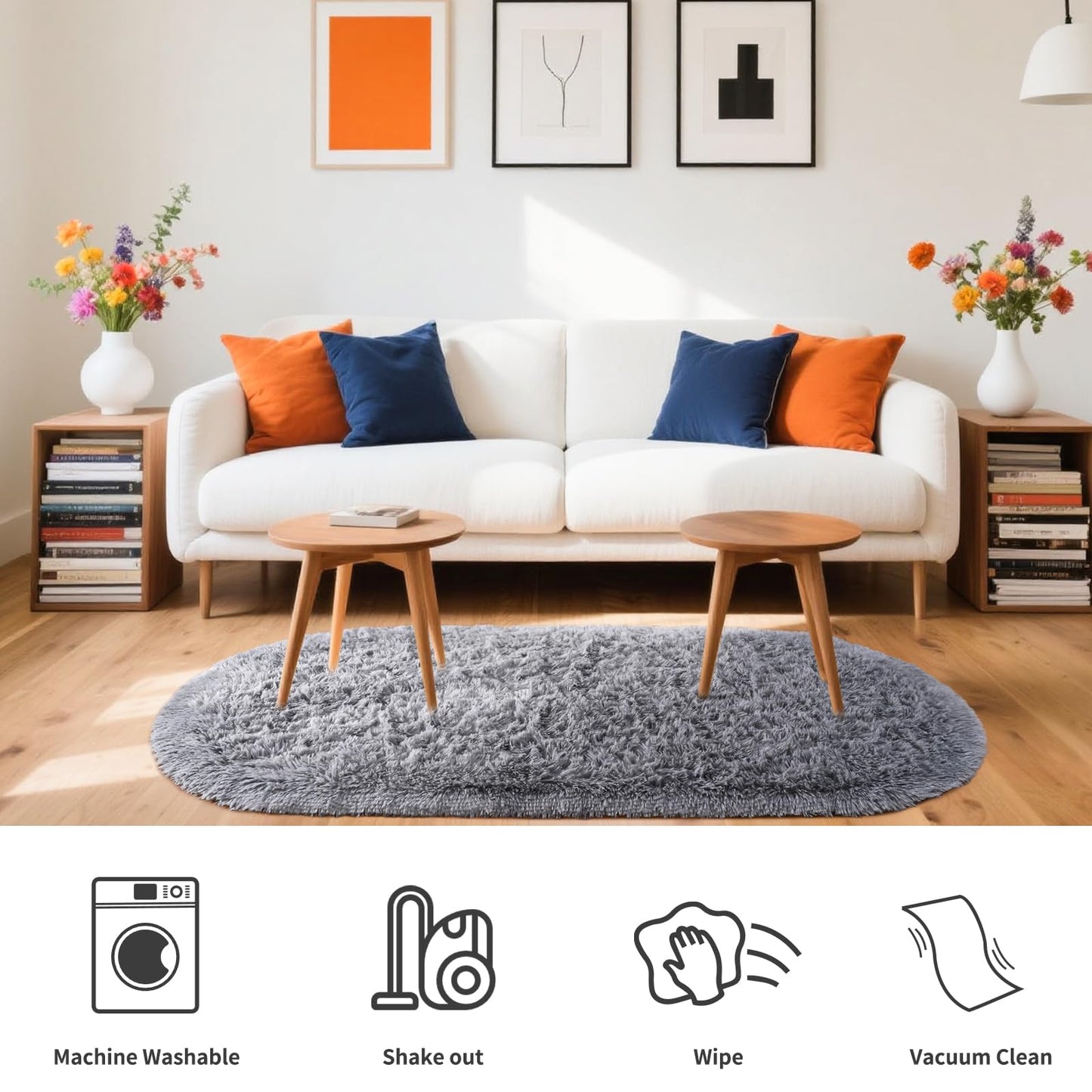 Noahas Fluffy Grey Rugs for Bedroom Living Room,2.6'X5.3' Oval Throw Rug for Kids Room,Shag Hallway Runner Rug,Small Soft Shaggy Bedside Non-Slip Plush Nursery Dorm Carpet Home Decor Aesthetic