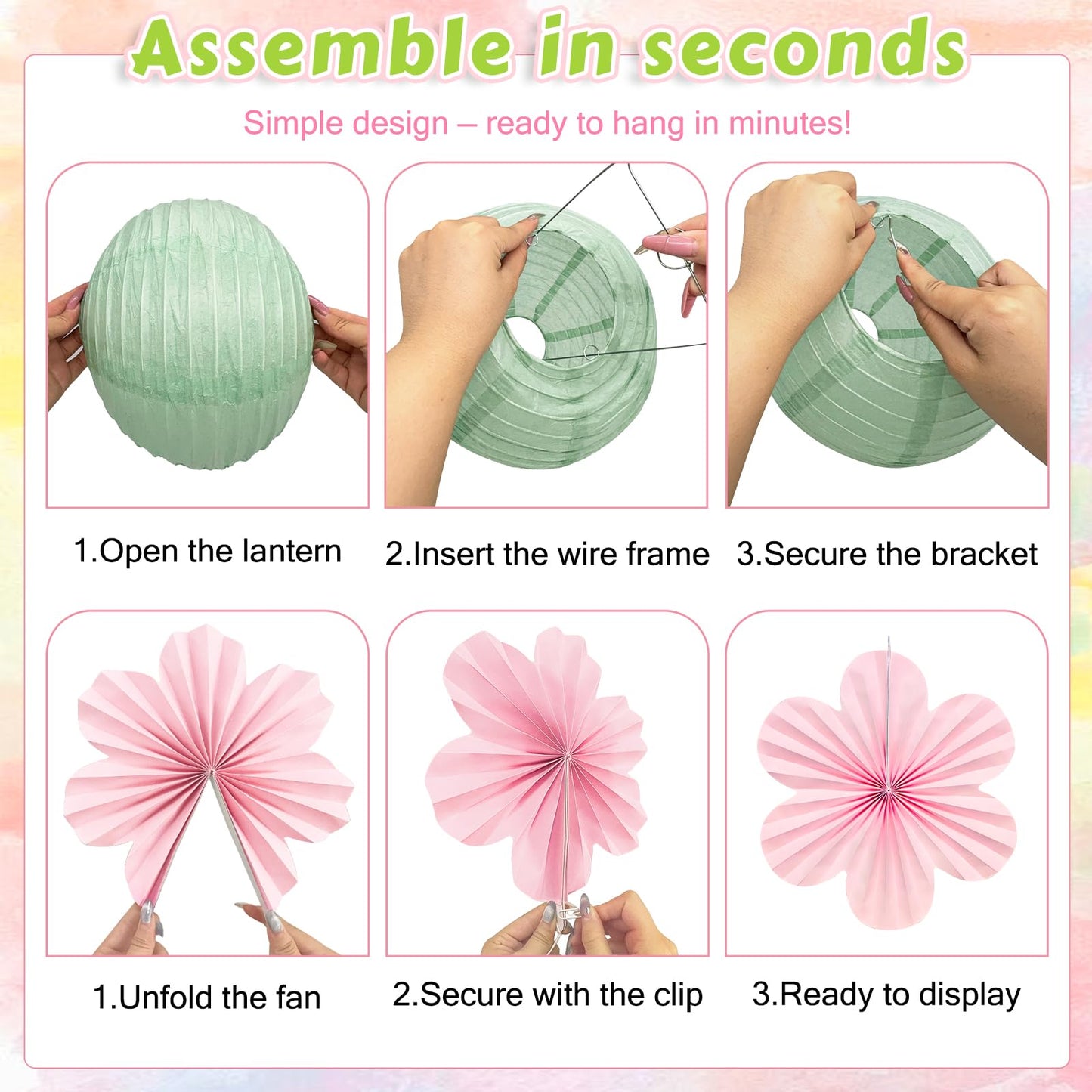 Spring Hanging Decorations - 20Pcs Pastel Party Decorations | Paper Lanterns & Flower Fans Set with Glitter Garland for Pastel Classroom Decor, Office, Baby Shower, Wedding & Easter Wall Decor