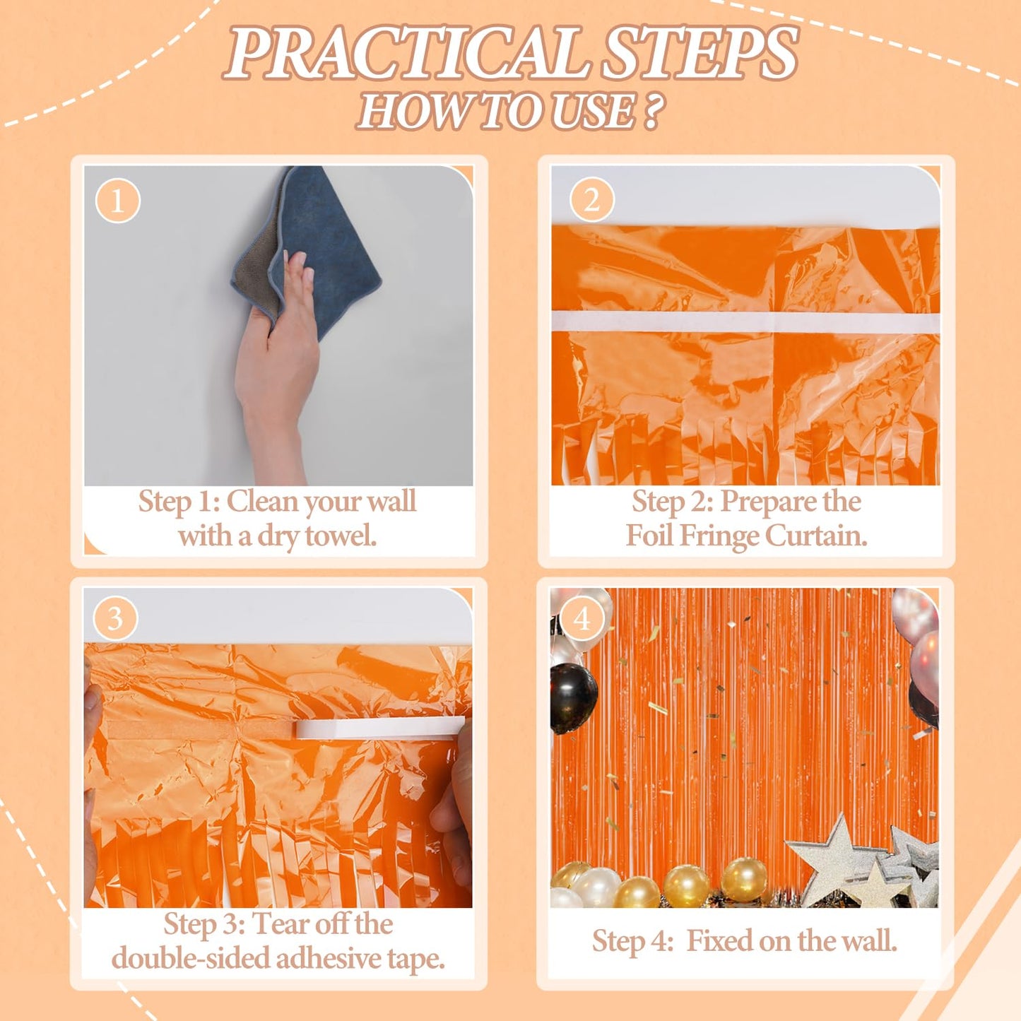 DECOCKRAT 3 Pack Foil Fringe Backdrop - Orange Shiny Tinsel Curtains for Party Decoration/Photo Booth Props - 3.3x8.2 FT Metallic Foil Backdrop for Birthday, Wedding, Graduation, Christmas.