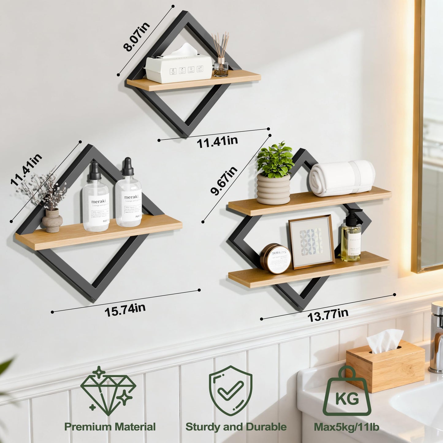 GYJZIFW Floating Shelves Set of 3-2-Tier Hanging Wall Mounted Shelves, Decorative Storage Shelf for Living Room, Bedroom, Bathroom & Kitchen, Rustic Brown (3)