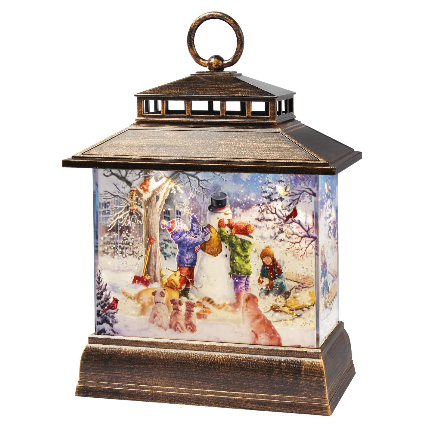 Christmas Snow Globe Lantern Water Glittering Lantern with 8 Songs & 6H Timer Romote Control Christmas Snow Globes USB & Battery Operated for Holiday Festival Decorations Gifts (Snowman and Children)