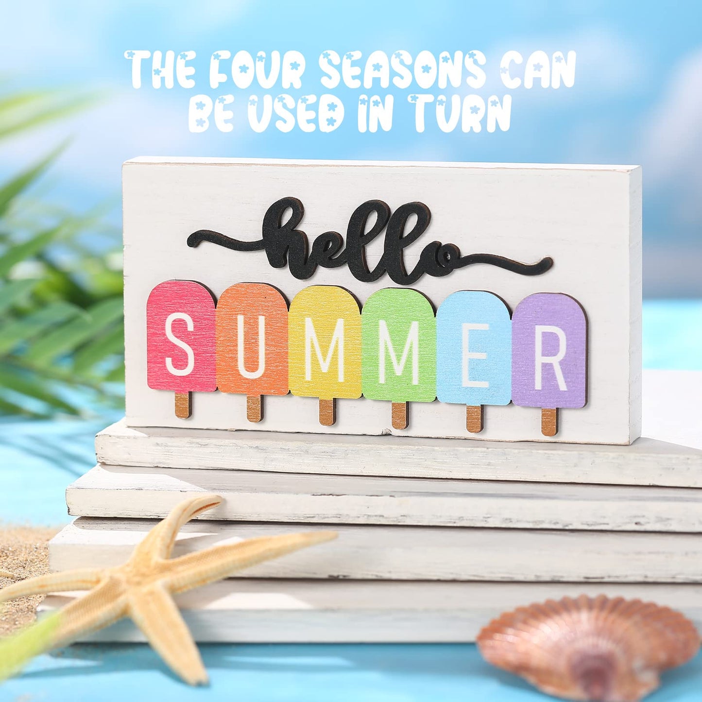 Roowest 5 Pcs Hello Spring Interchangeable Sign Seasonal Sign Summer Fall Winter Tiered Tray Decor 5.9 x 3 Inch Wooden 4 Seasons Farmhouse Table Centerpiece Decoration for Home Shelf Office(Fresh)