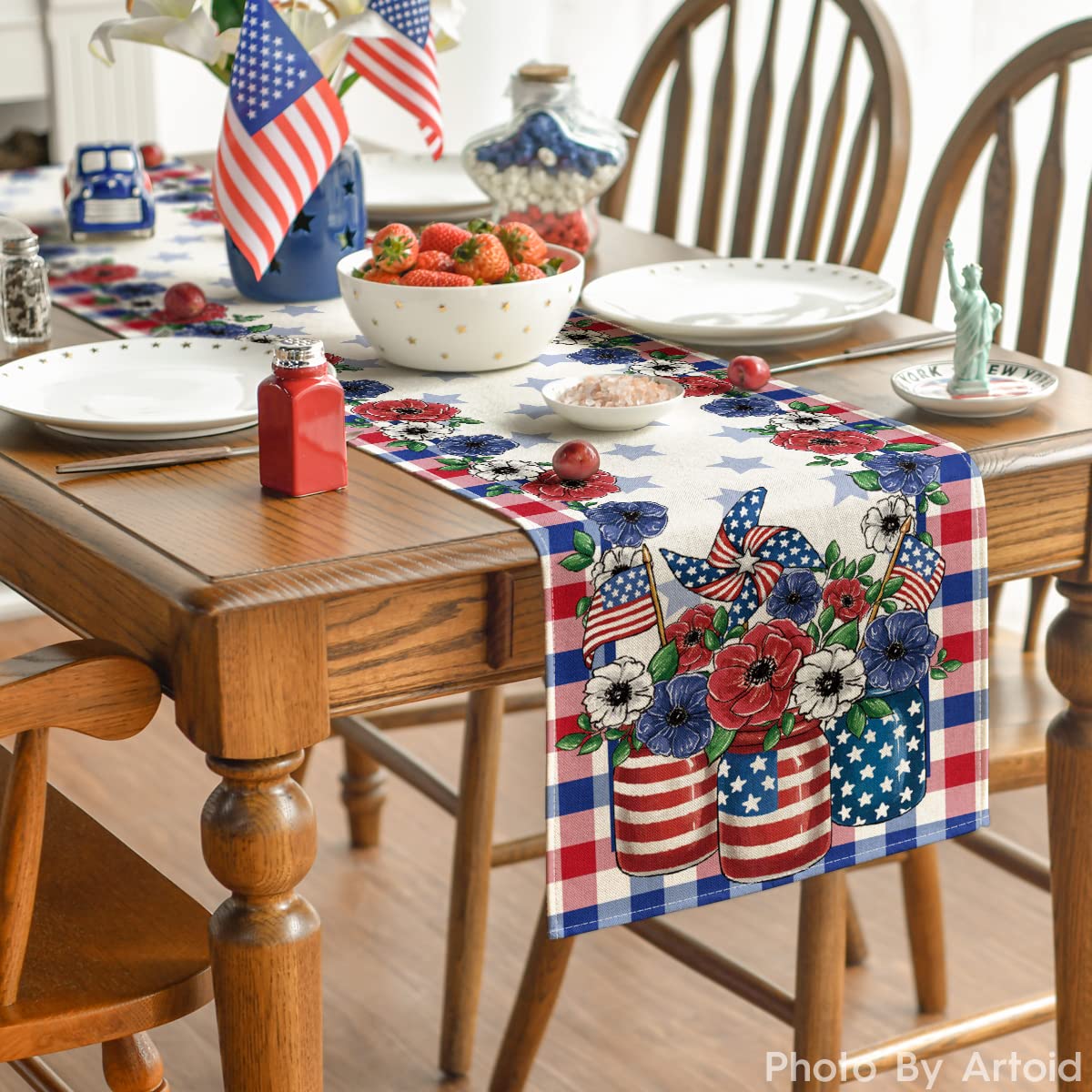 Artoid Mode Buffalo Plaid Vases Flowers Patriotic Memorial Day 4th of July Table Runner, Independence Day Holiday Kitchen Dining Table Decor for Home Party Decoration 13 x 72 Inch