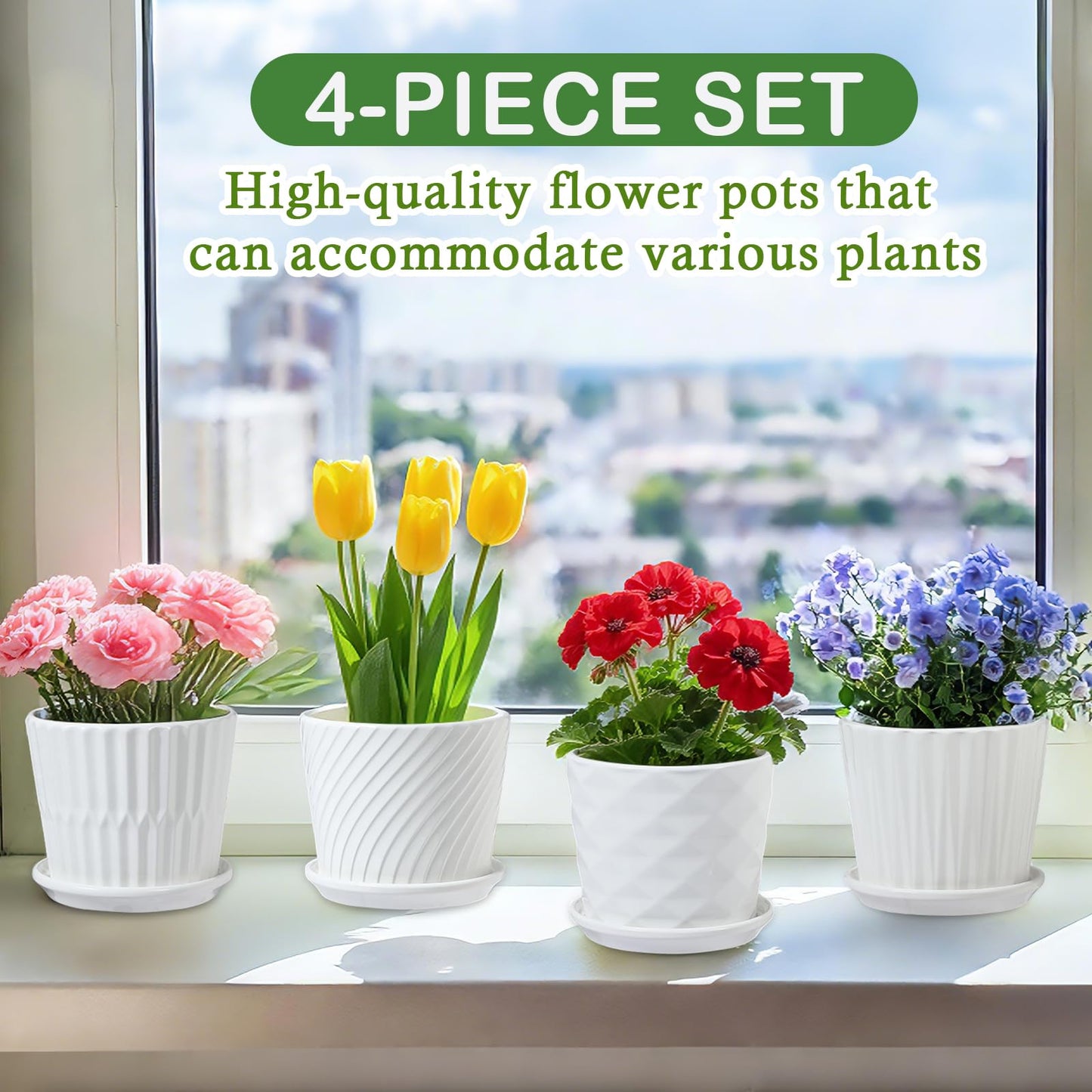 sietpoek Plant Pots - 5.5 Inch Cylinder Ceramic Planters with Connected Saucer, Pots for Succuelnt and Little Snake Plants, Set of 4, White
